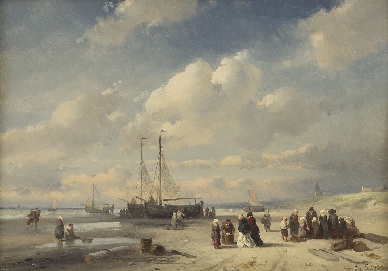 Leickert C.H.J.  | 'Charles' Henri Joseph Leickert | Paintings offered for sale | Fish market on the beach of Scheveningen, oil on panel 19.2 x 27.0 cm, signed l.r. and painted late 1850s