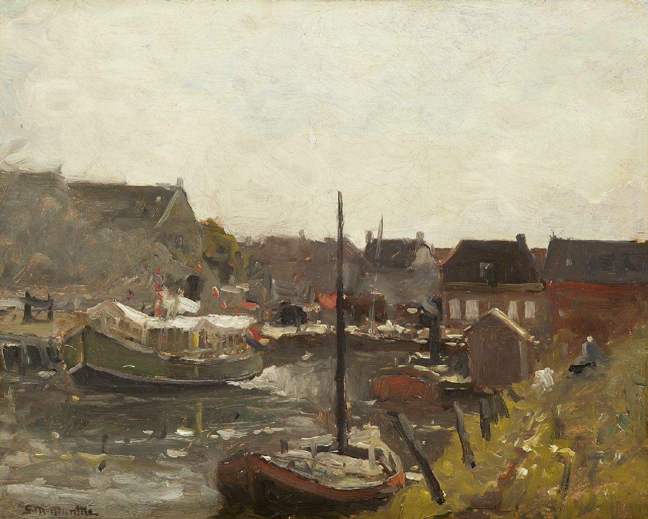 Munthe G.A.L.  | Gerhard Arij Ludwig 'Morgenstjerne' Munthe, A Dutch fishing harbour, Katwijk, oil on panel 40.0 x 50.0 cm, signed l.l.