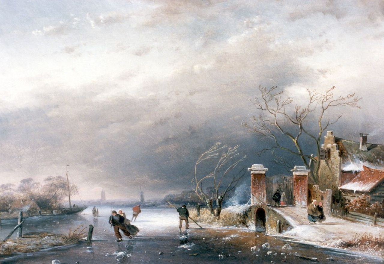 Leickert C.H.J.  | 'Charles' Henri Joseph Leickert, A winter landscape with skaters on the ice, oil on panel 20.2 x 28.5 cm