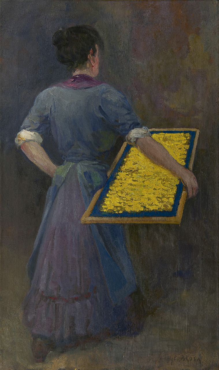 Heijenbrock J.C.H.  | Johan Coenraad Hermann 'Herman' Heijenbrock, Worker in a vermicelli factory, oil on canvas 95.4 x 56.4 cm, signed l.r.