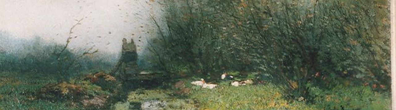 Kuijpers C.  | Cornelis Kuijpers, Ducks on the riverbank, oil on canvas 15.0 x 46.0 cm, signed l.r.