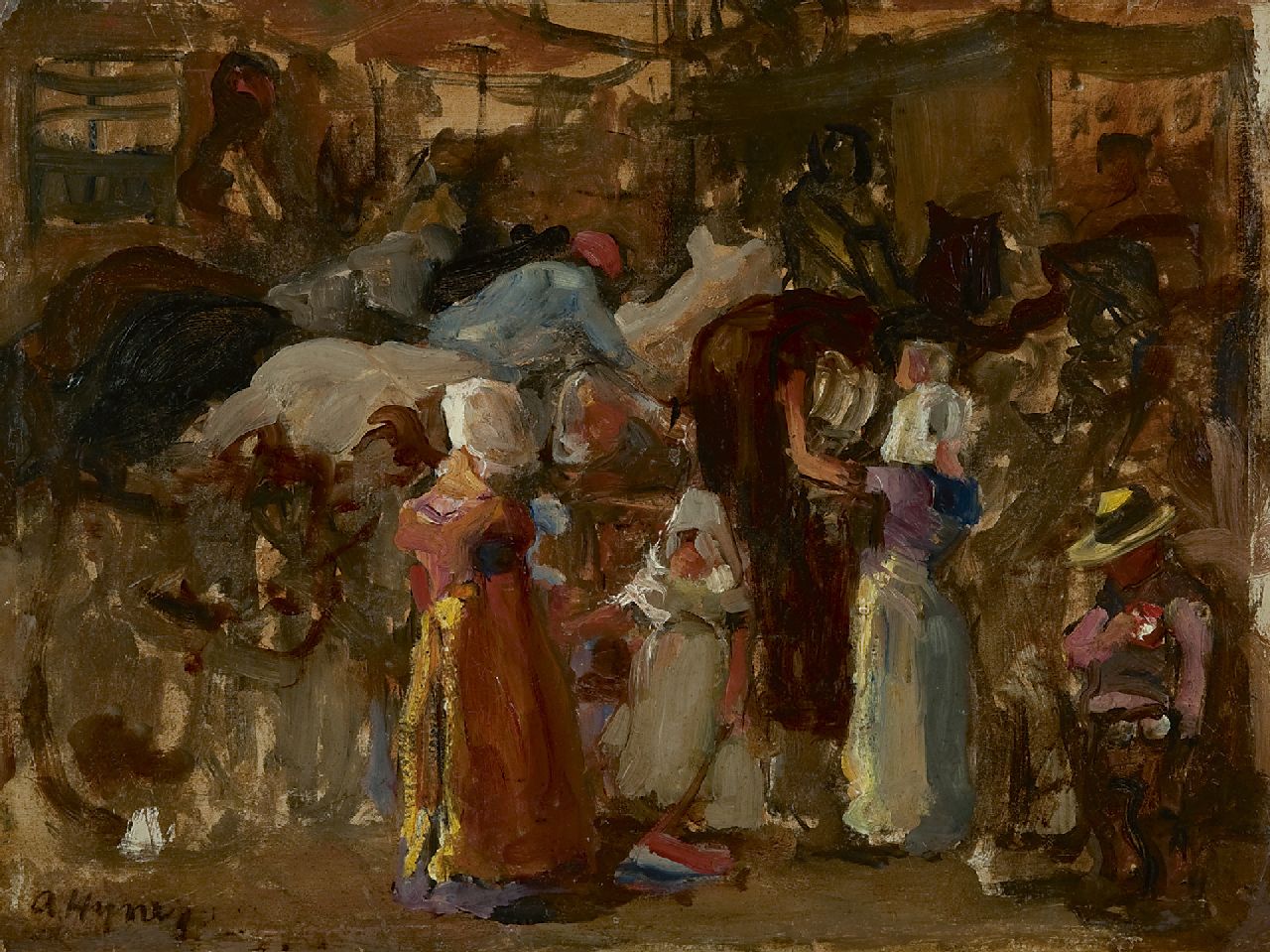 Hijner A.  | Arend Hijner | Paintings offered for sale | A horse fair, Zeeland, oil on painter's board 30.2 x 40.1 cm, signed l.l.