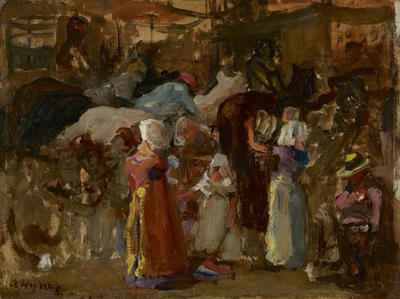 Arend Hijner | A horse fair, Zeeland, oil on painter's board, 30.2 x 40.1 cm, signed l.l.