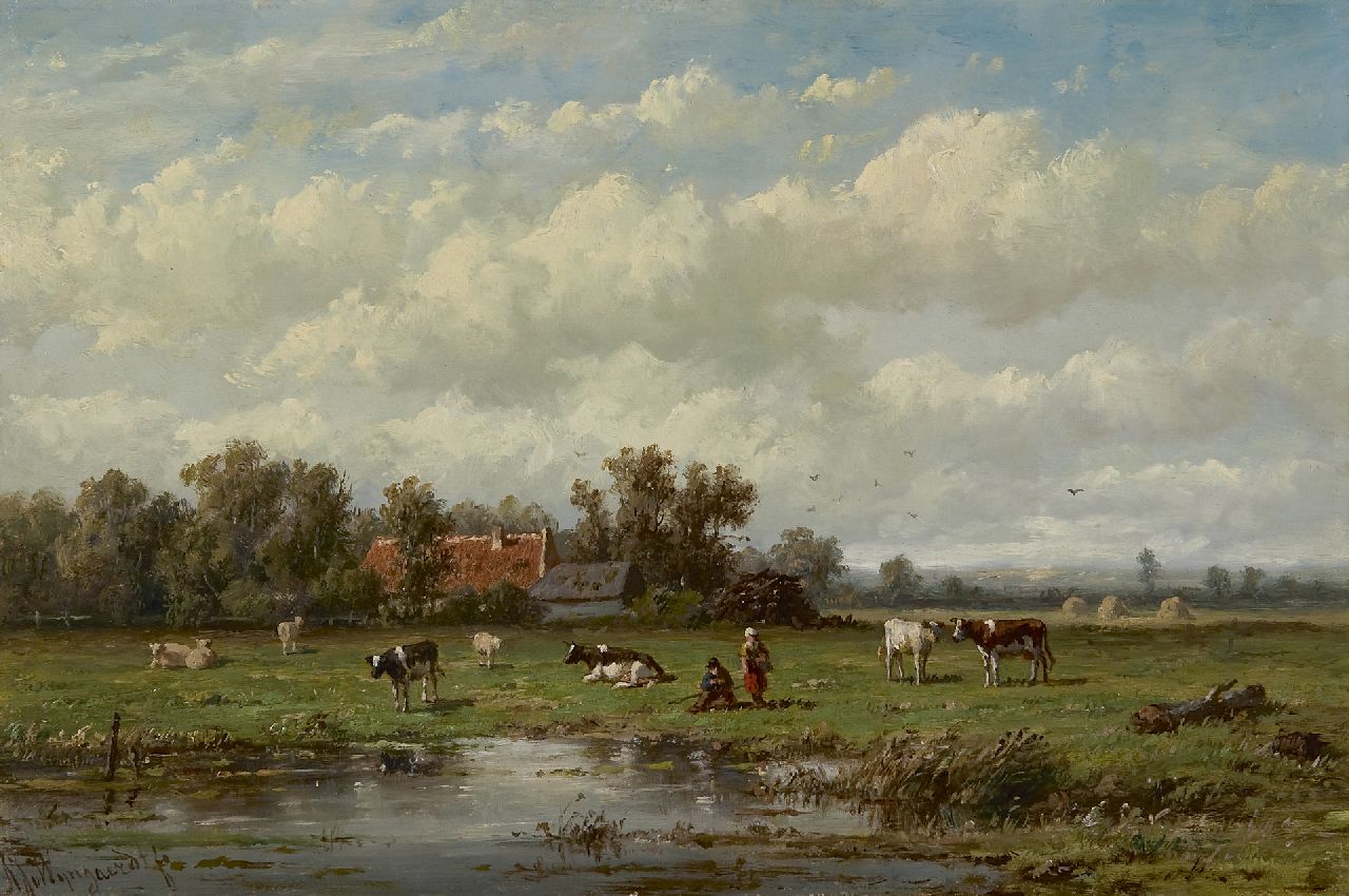 Wijngaerdt A.J. van | Anthonie Jacobus van Wijngaerdt, A meadow with cattle, oil on panel 24.1 x 36.5 cm, signed l.l.