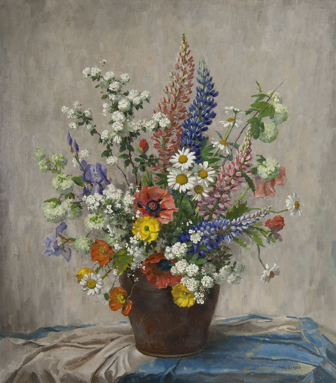 Berten H.H.  | Hermann 'Hugo' Berten, Summer flowers in an earthenware bowl, oil on canvas 80.2 x 70.0 cm, signed l.r.