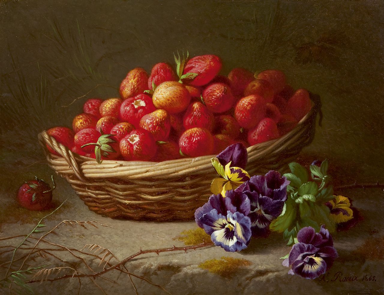 Albert Raoux | Strawberries in a basket, oil on panel, 27.9 x 36.2 cm, signed l.r. and dated 1865