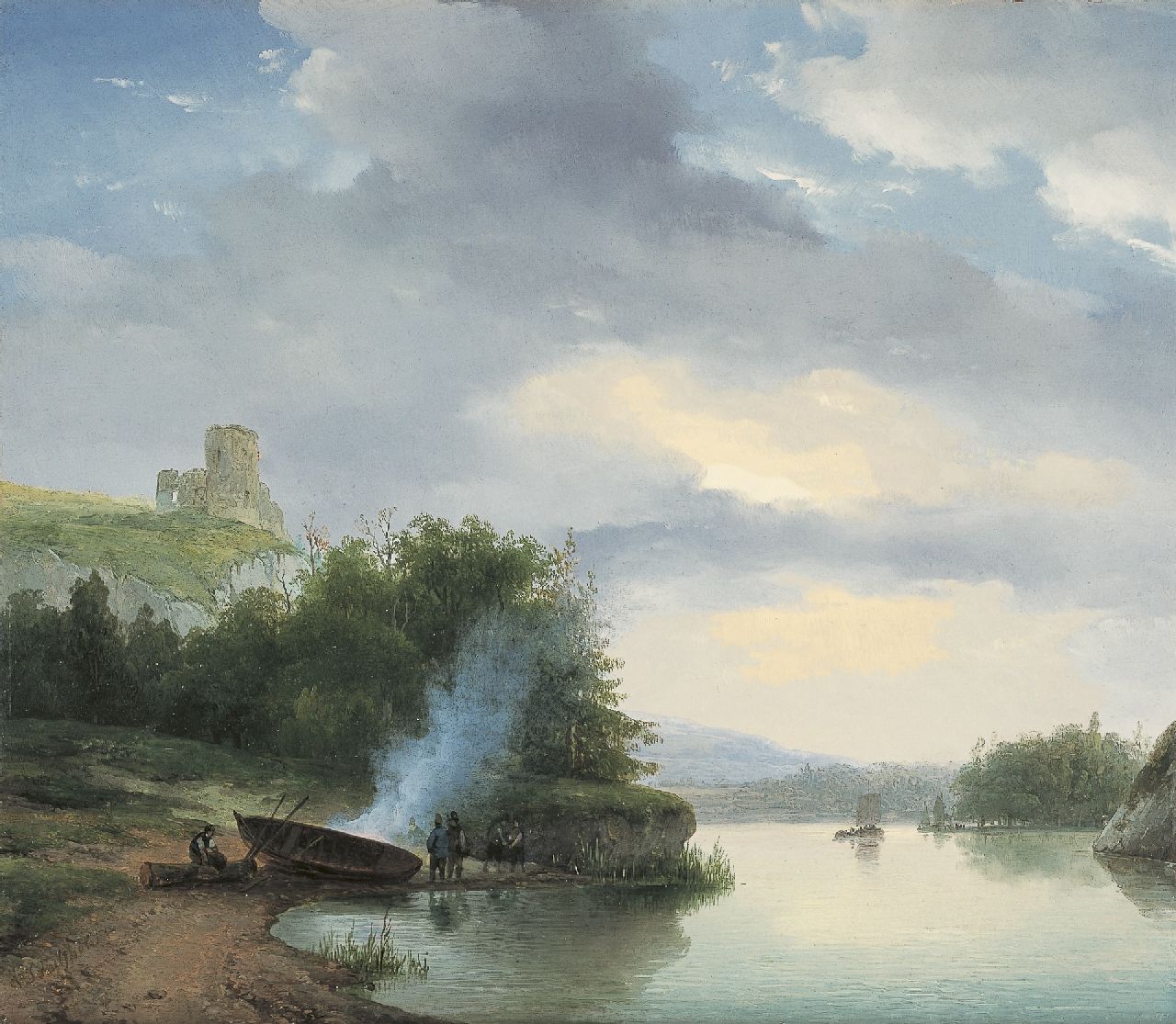 Schelfhout A.  | Andreas Schelfhout | Paintings offered for sale | A hilly river landscape with a ruin, oil on panel 32.9 x 38.2 cm, signed l.l. and painted mid '20