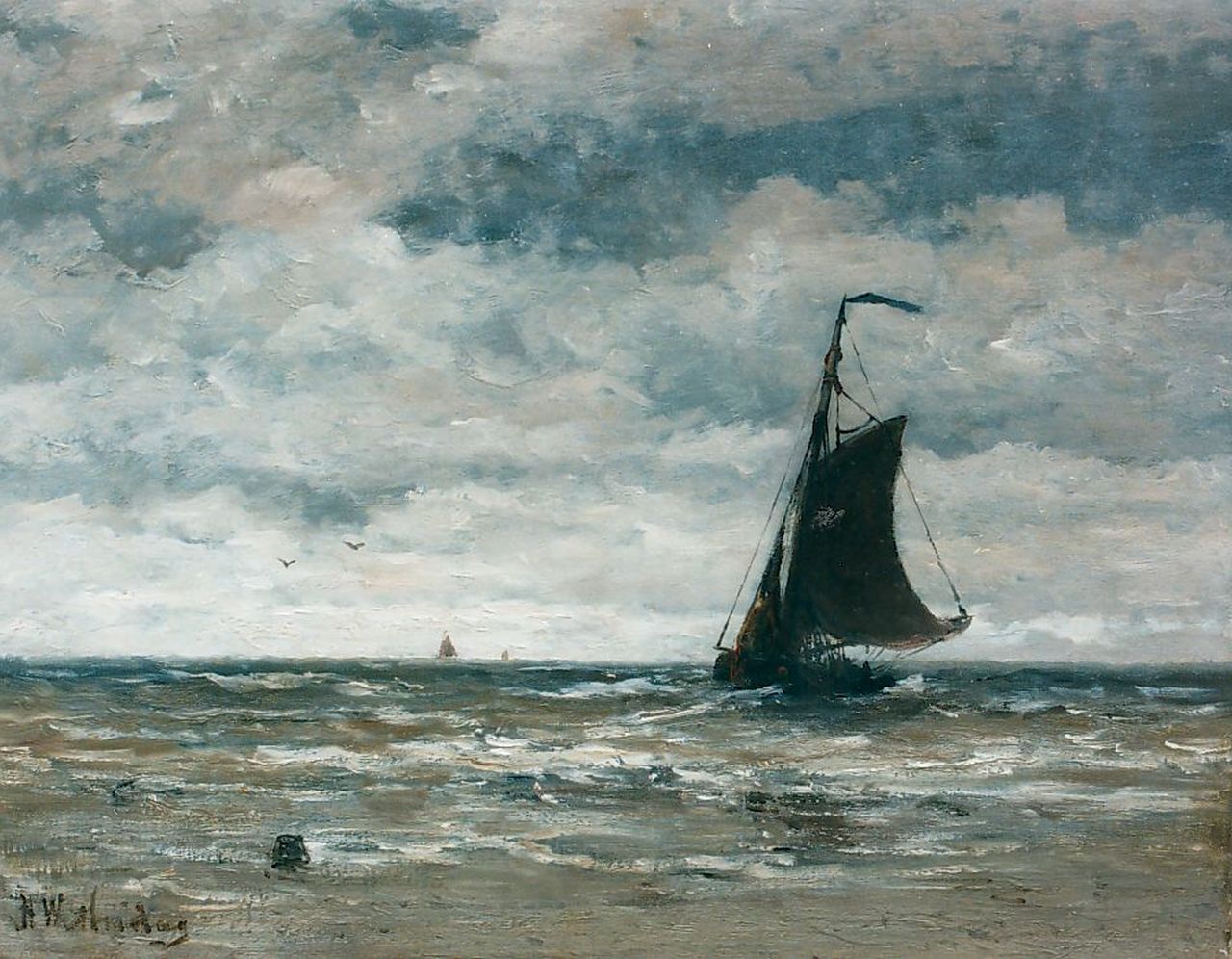 Mesdag H.W.  | Hendrik Willem Mesdag, A 'Bomschuit' in the surf, oil on canvas 40.0 x 51.0 cm, signed l.l.