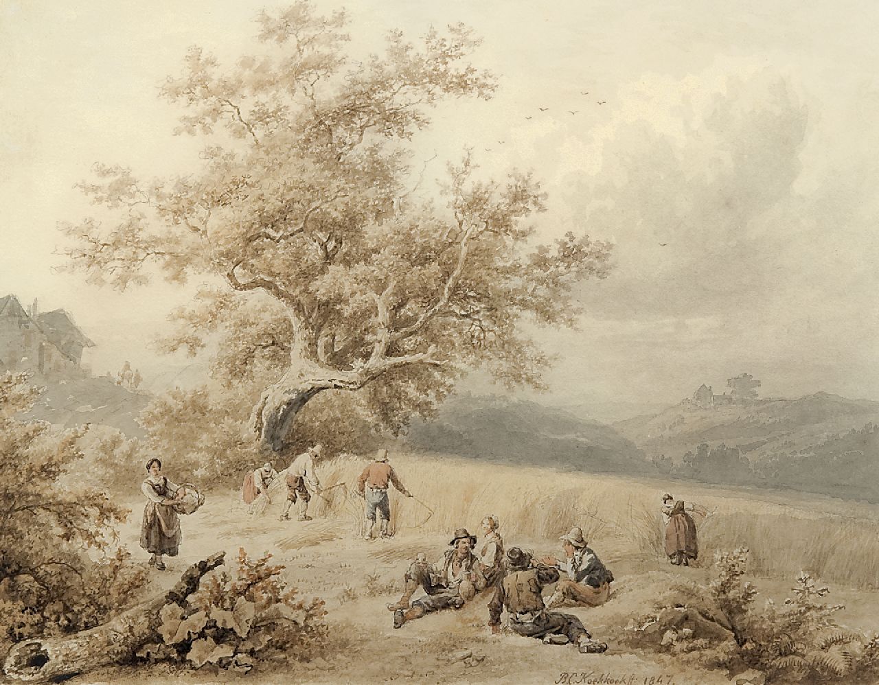 Koekkoek B.C.  | Barend Cornelis Koekkoek, Harvest time, Luxemburg, ink and watercolour on paper 19.6 x 24.9 cm, signed l.c. and dated 1847