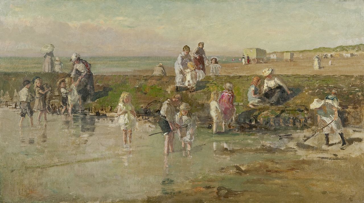 Jonge J.A. de | Johan Antoni de Jonge, Summertime on Scheveningen beach, oil on canvas 40.8 x 73.2 cm, signed l.r. with monogram