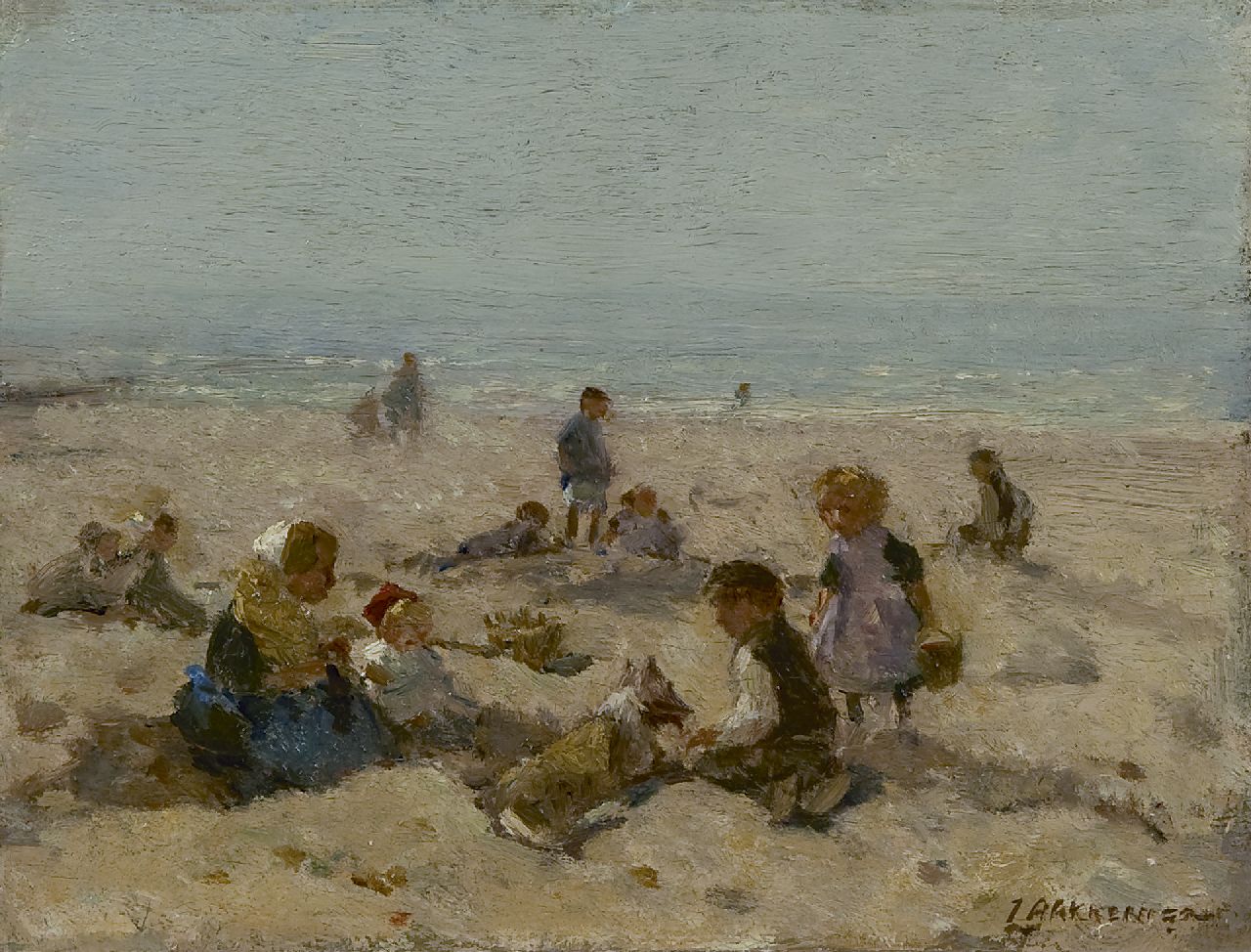 Akkeringa J.E.H.  | 'Johannes Evert' Hendrik Akkeringa, Children on the Scheveningen beach, oil on panel 15.4 x 20.3 cm, signed l.r.