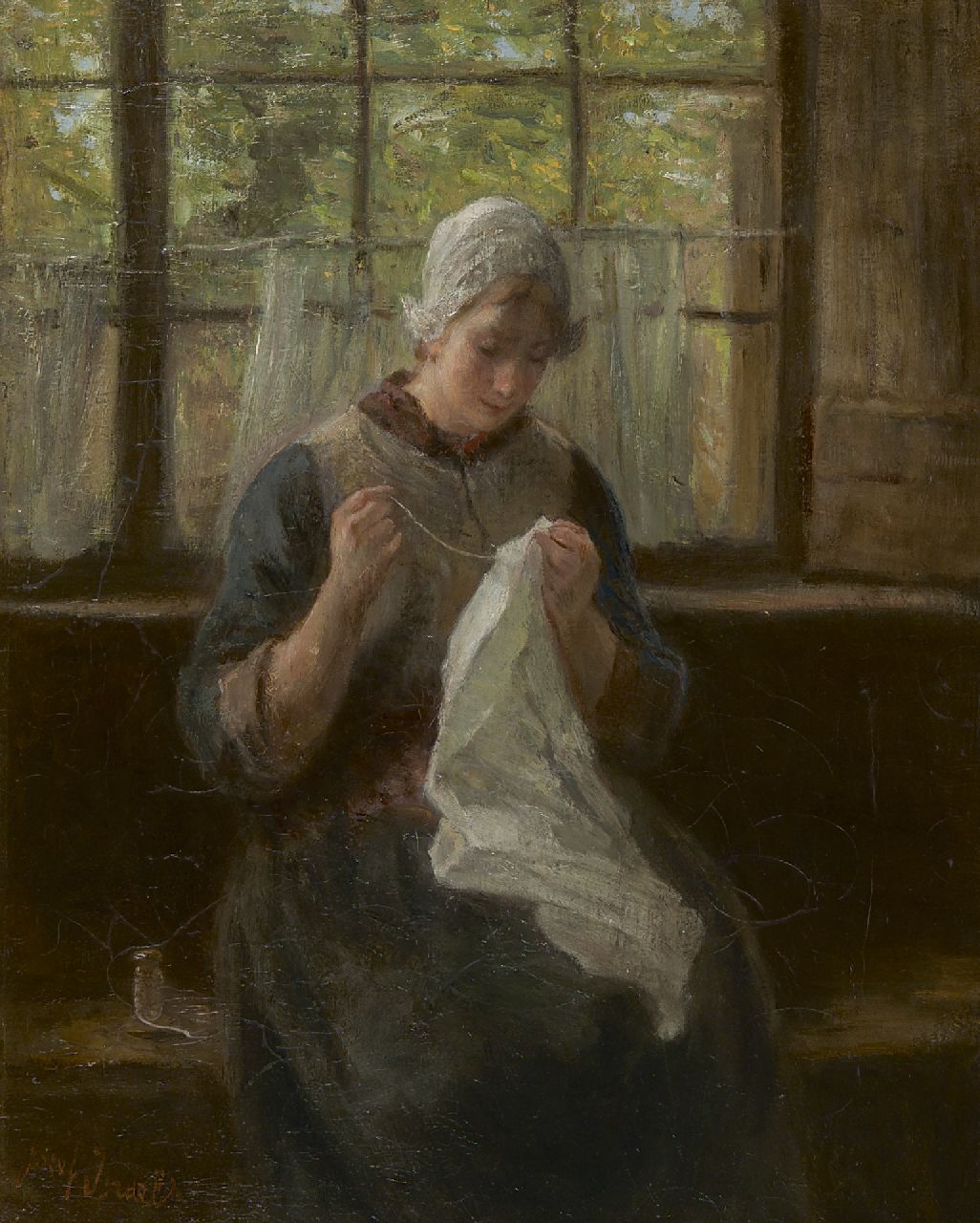 Israëls J.  | Jozef Israëls, A woman knitting, oil on canvas 56.6 x 45.3 cm, signed l.l.