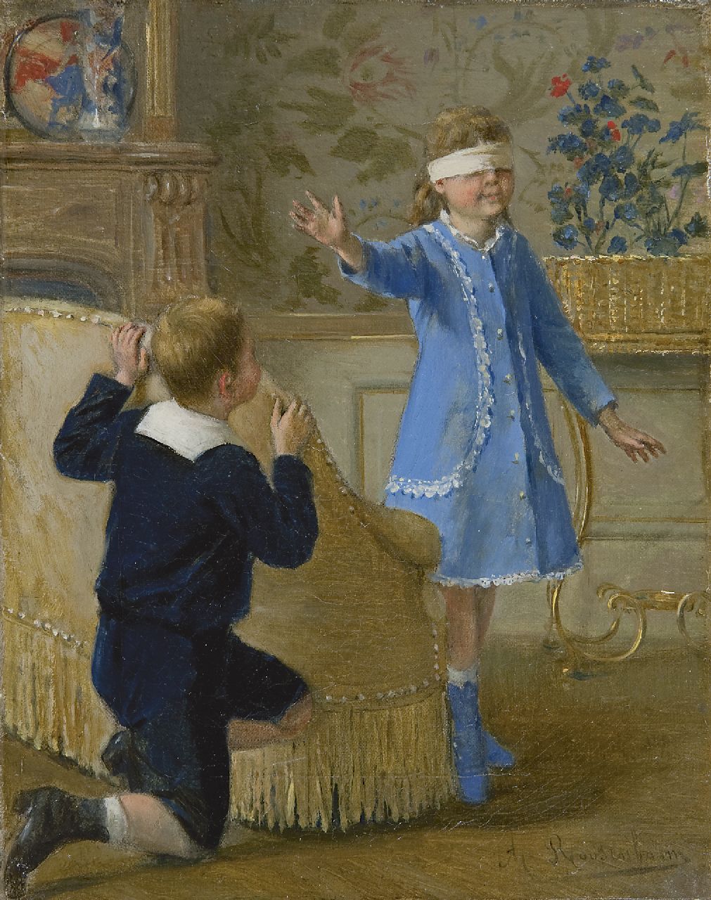 Roosenboom A.  | Albert Roosenboom, Playing Hide and Seek, oil on canvas 24.4 x 19.3 cm, signed l.r.