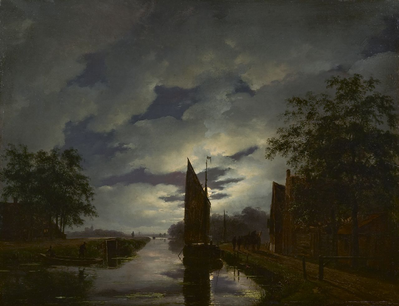 Schelfhout A.  | Andreas Schelfhout, A moonlit river landscape, oil on panel 38.2 x 49.3 cm, signed l.r. and painted ca. 1822