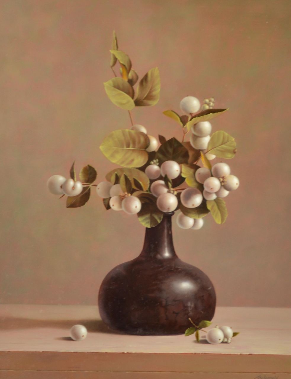 Bubarnik G.  | Gyula Bubarnik, Still life with snowberries, oil on plywood 45.0 x 35.3 cm, signed l.r.