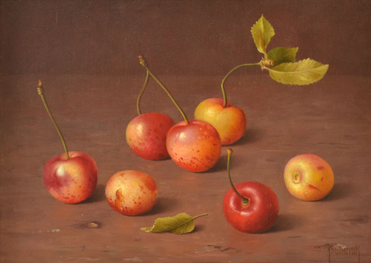 Bubarnik G.  | Gyula Bubarnik, Sour cherries, oil on copper 13.0 x 18.0 cm, signed l.r.