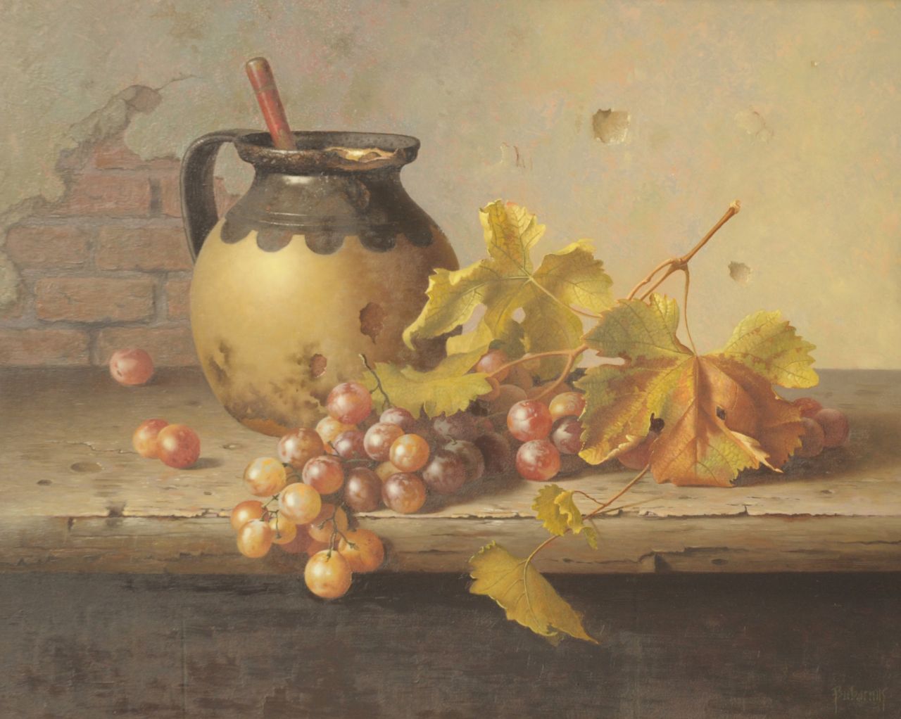 Bubarnik G.  | Gyula Bubarnik, Still life with a jug and grapes, oil on plywood 40.5 x 50.0 cm, signed l.r.