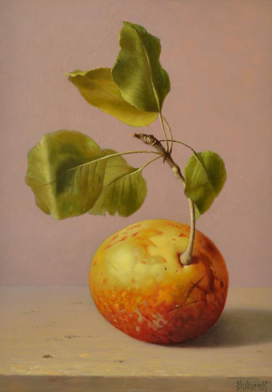 Bubarnik G.  | Gyula Bubarnik, Pear on a stone ledge, oil on copper 18.0 x 13.0 cm, gesigneerd rechtsonder