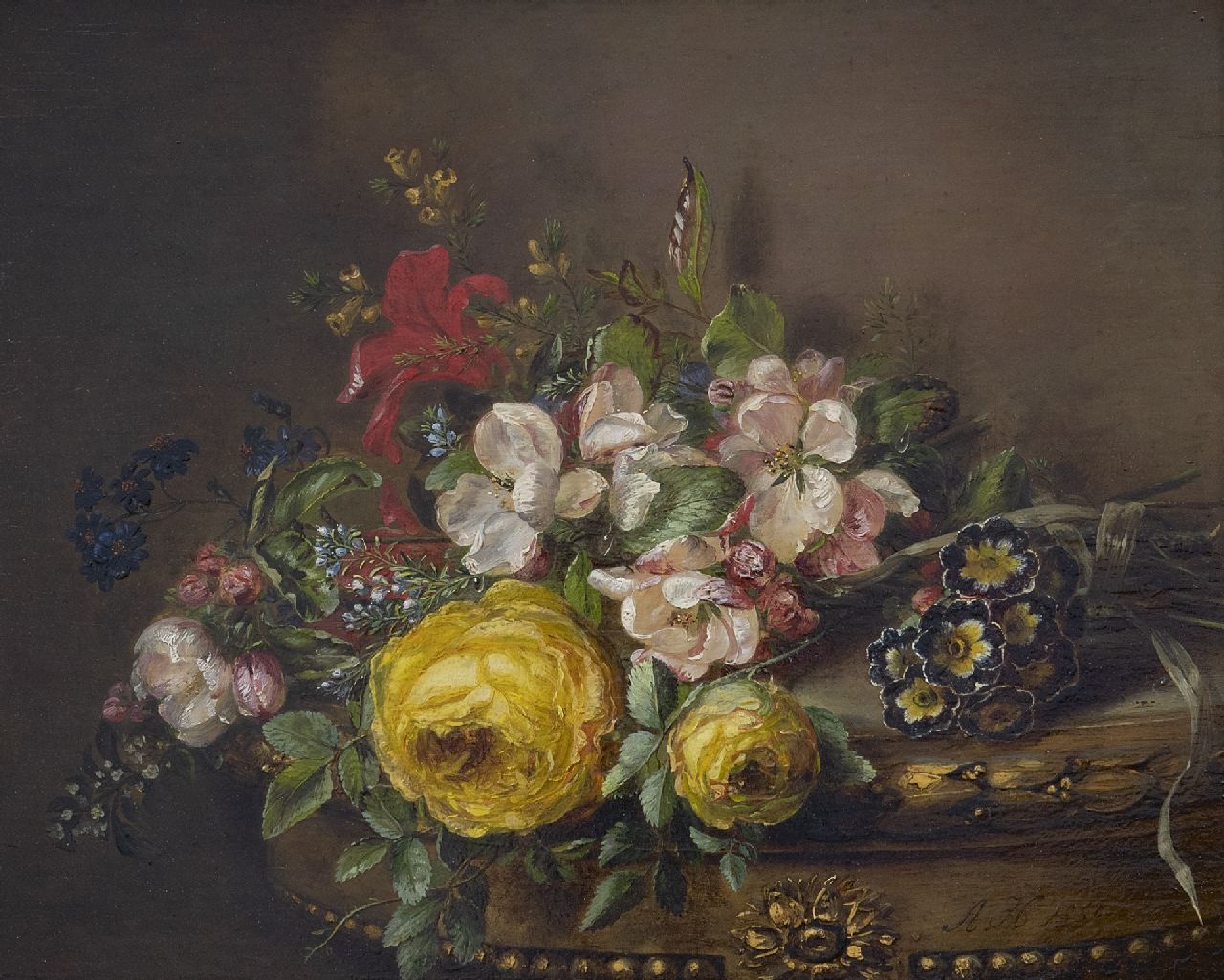 Haanen A.J.  | Adriana Johanna Haanen, Mixed bouquet on a table, oil on panel 26.5 x 33.2 cm, signed l.r. and dated 1850