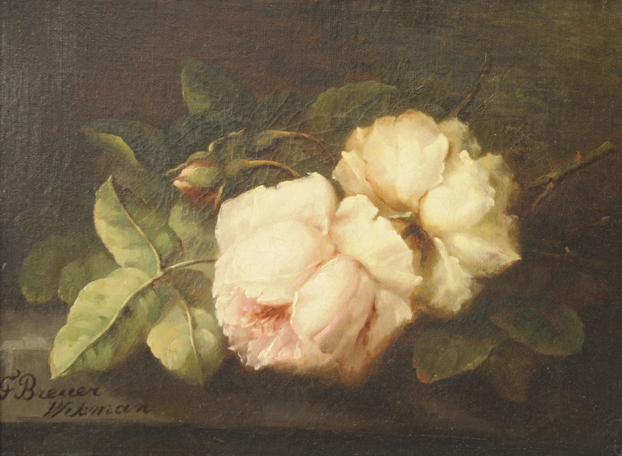 Breuer-Wikman F.  | Frederika Breuer-Wikman | Paintings offered for sale | Pink roses on a stone ledge, oil on canvas 27.3 x 36.5 cm, signed l.l.