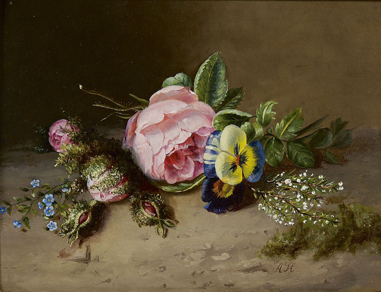 Haanen A.J.  | Adriana Johanna Haanen, A flower still life, oil on panel 25.7 x 33.0 cm, signed l.r. with initials