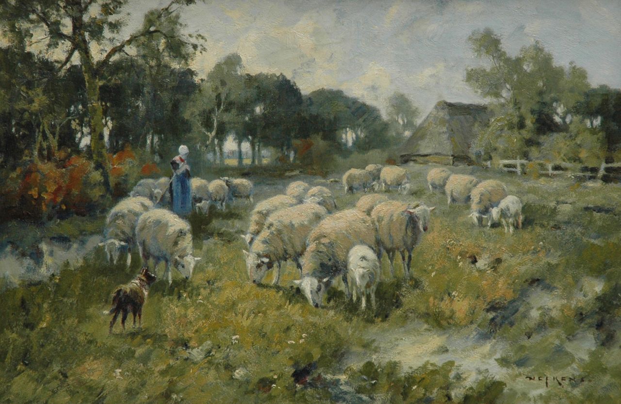 Nefkens M.J.  | Martinus Jacobus Nefkens, Farmers wife with sheep, oil on canvas 40.8 x 61.5 cm, signed l.r.