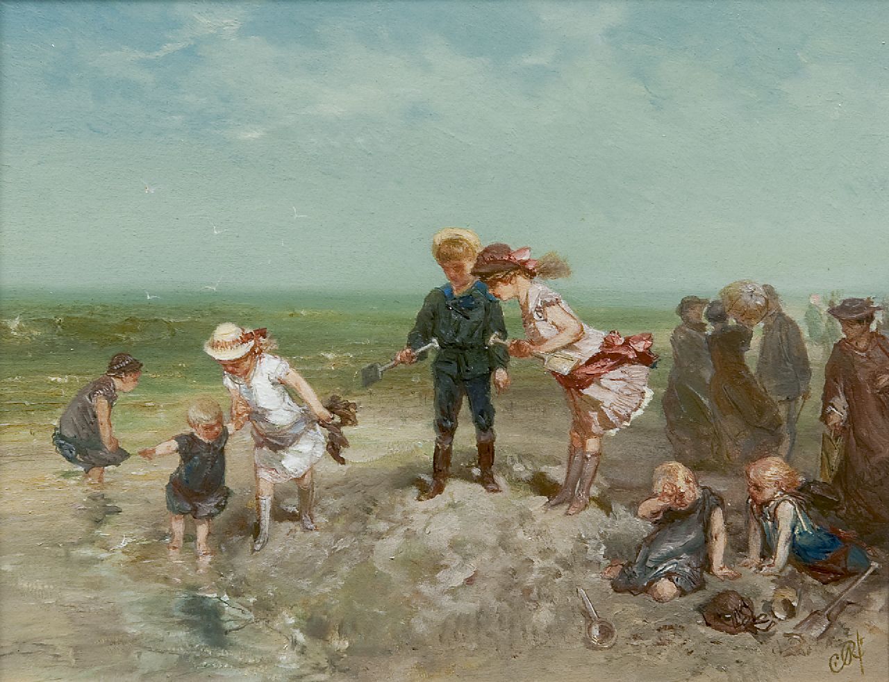 Rochussen Ch.  | Charles Rochussen, Children playing on the beach, oil on panel 16.0 x 20.8 cm, signed l.r. with initials and painted ca. 1881