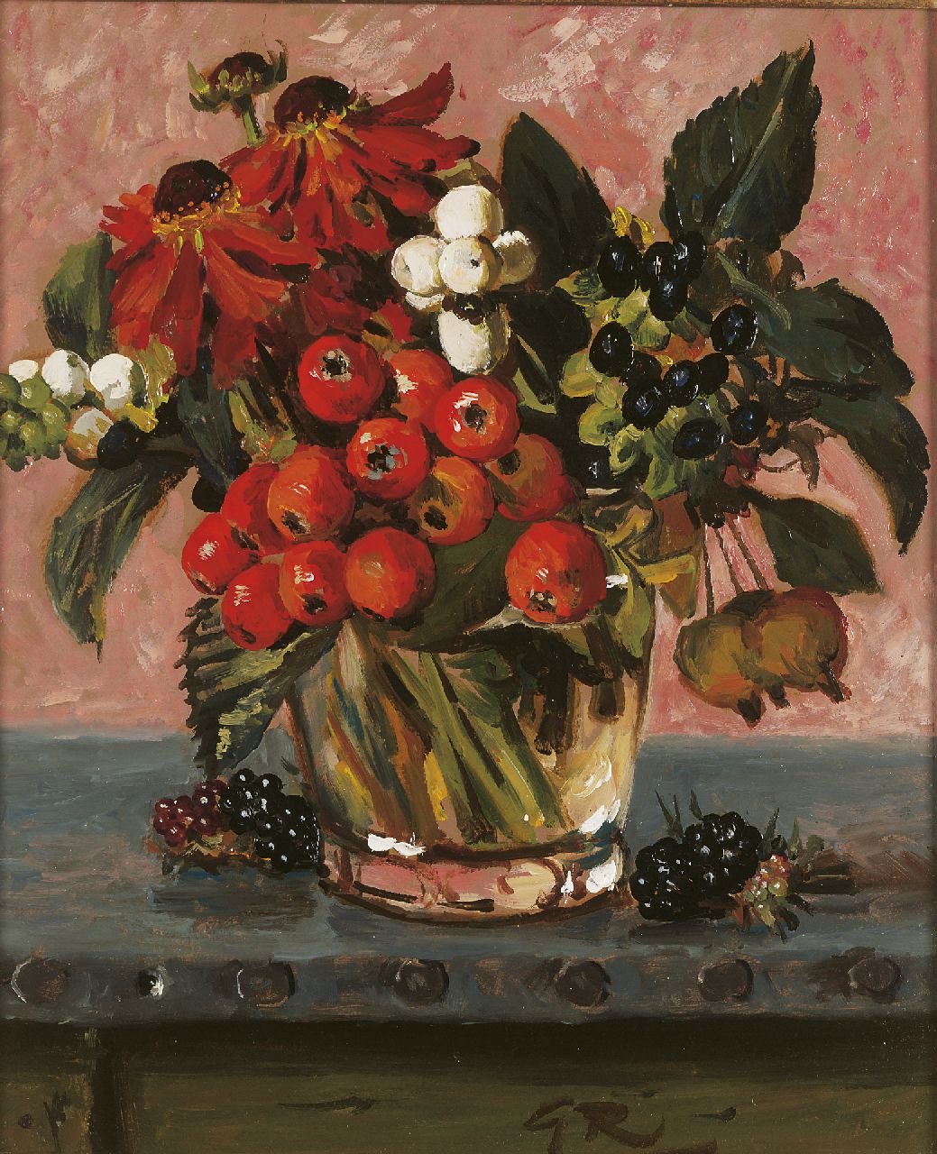 Röling G.V.A.  | Gerard Victor Alphons Röling, Berries and flowers in a glass vase, oil on board 29.8 x 25.0 cm, signed l.r. with initials