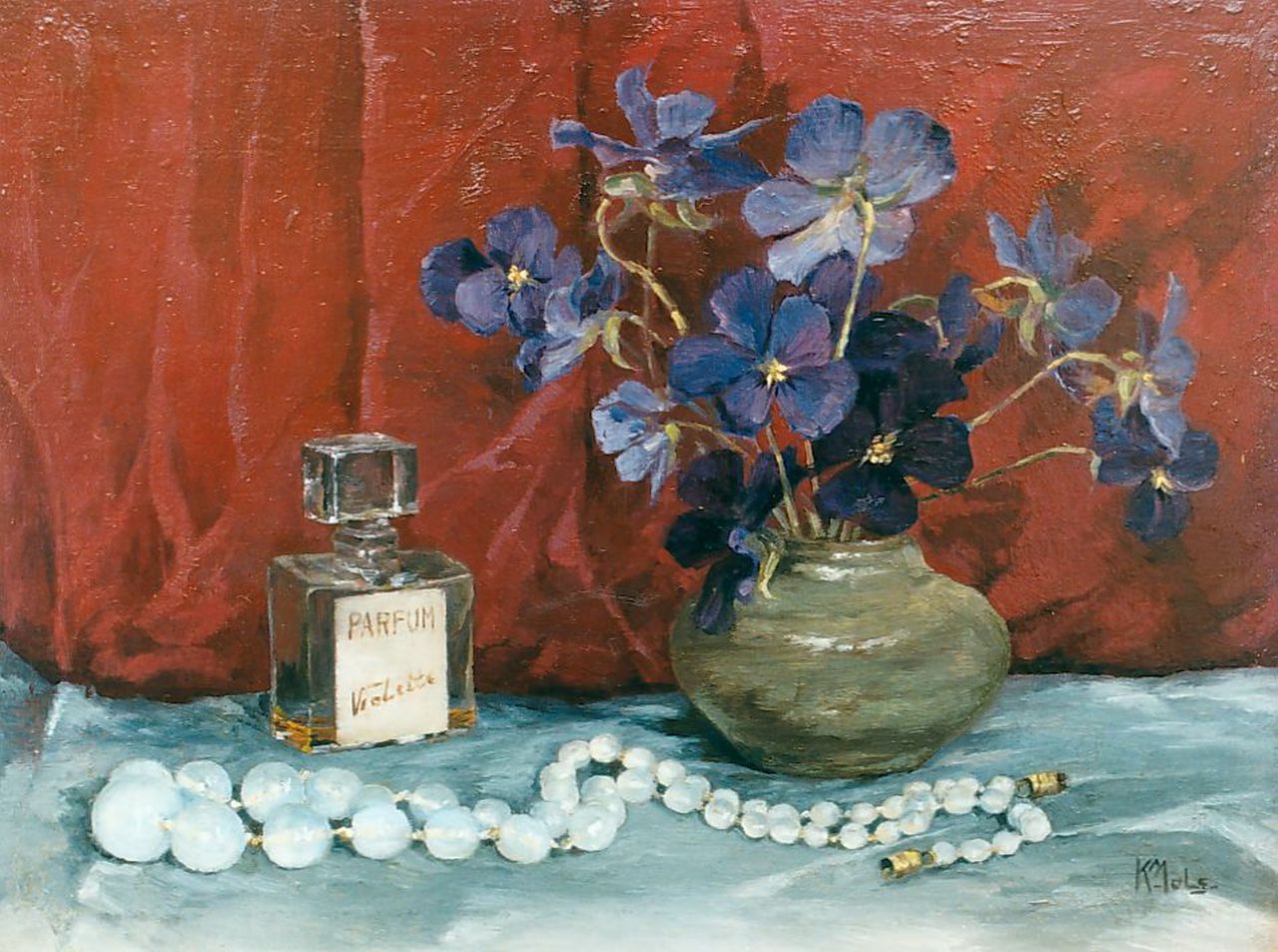 Mols C.J.  | Carolus Joannes 'Karel' Mols, Still life with violets and a perfume bottle, oil on panel 18.5 x 24.5 cm, signed l.r.