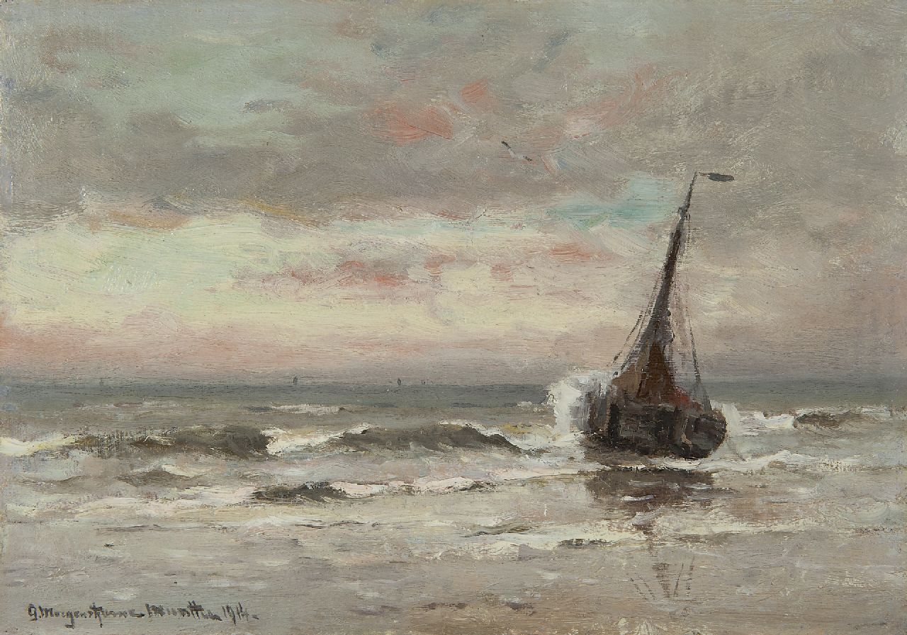 Munthe G.A.L.  | Gerhard Arij Ludwig 'Morgenstjerne' Munthe, Fishing barge in the surf, at sunset, oil on canvas laid down on panel 21.4 x 30.1 cm, signed l.l. and dated 1914