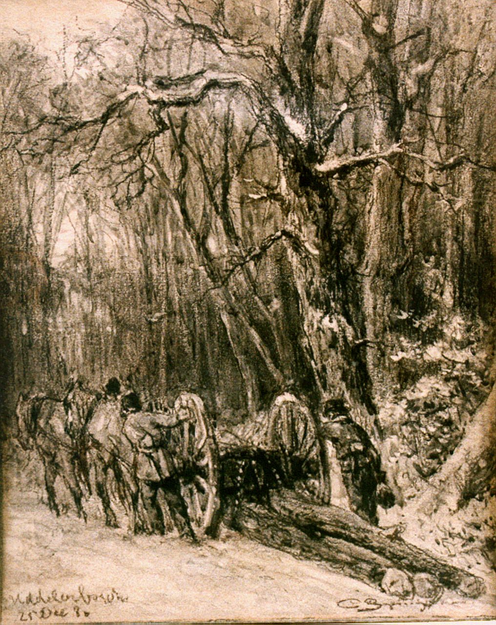 Springer C.  | Cornelis Springer, Winter landscape with figures gathering wood, drawing on paper 25.0 x 20.0 cm, signed l.r. and dated '80