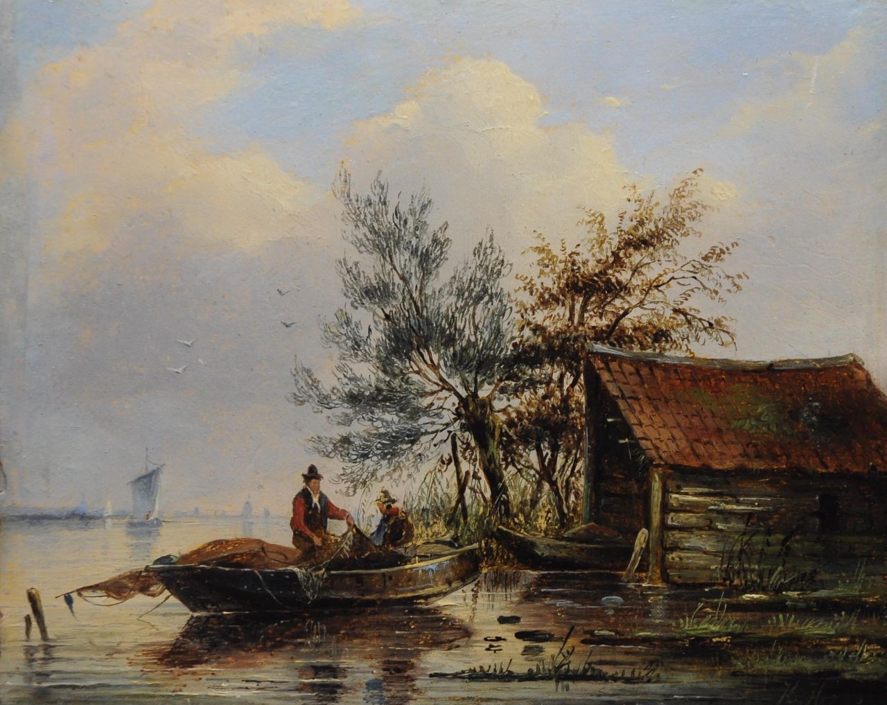 Hendriks G.  | Gerardus 'George Henry' Hendriks, Fishermen in a rowing boat at dawn, oil on panel 16.2 x 20.1 cm, signed l.r. with monogram 'H.H.'