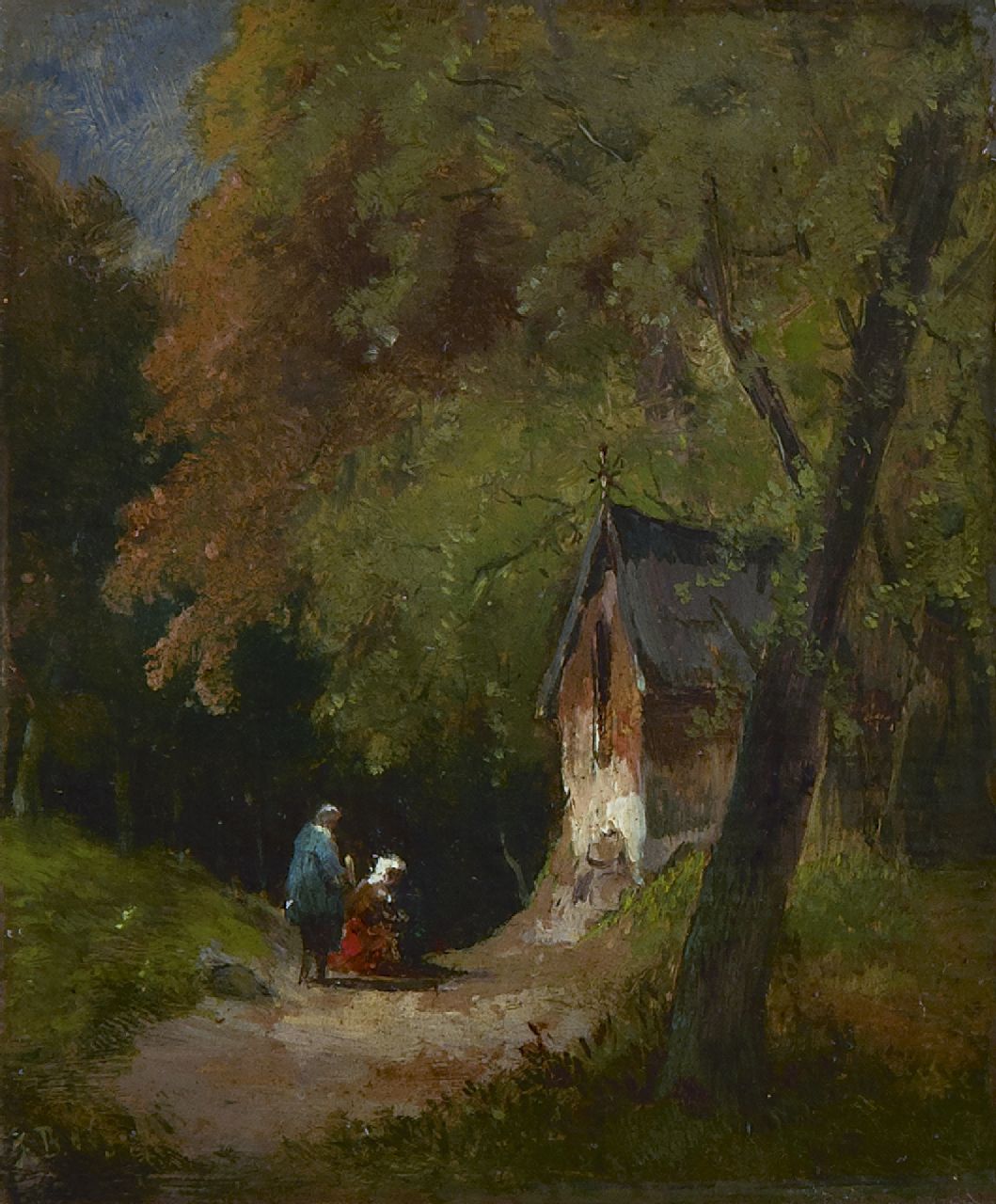 Breuhaus de Groot F.  | Frans Breuhaus de Groot, A wooded landscape with travellers by a chapel, oil on panel 11.5 x 9.7 cm, signed l.l. with initials