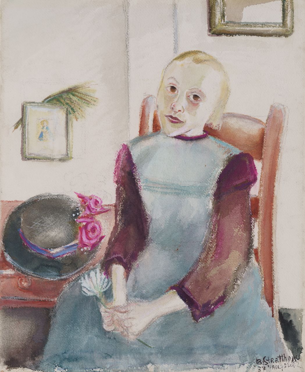 Gelder R. van | Rebecca 'Bobette' van Gelder, Girl with flower, watercolour on paper 50.0 x 41.6 cm, signed l.r. with pseudonym  'B. Stratthon van Gelder' and dated '37