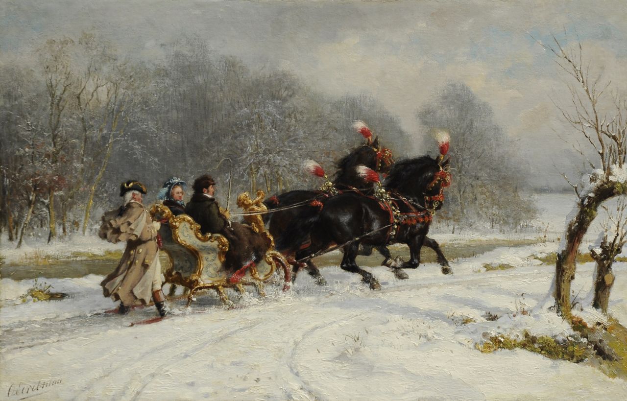 Eerelman O.  | Otto Eerelman, Horse-sleigh ride iin snowy landscape, oil on canvas laid down on board 52.3 x 80.7 cm, signed l.l.
