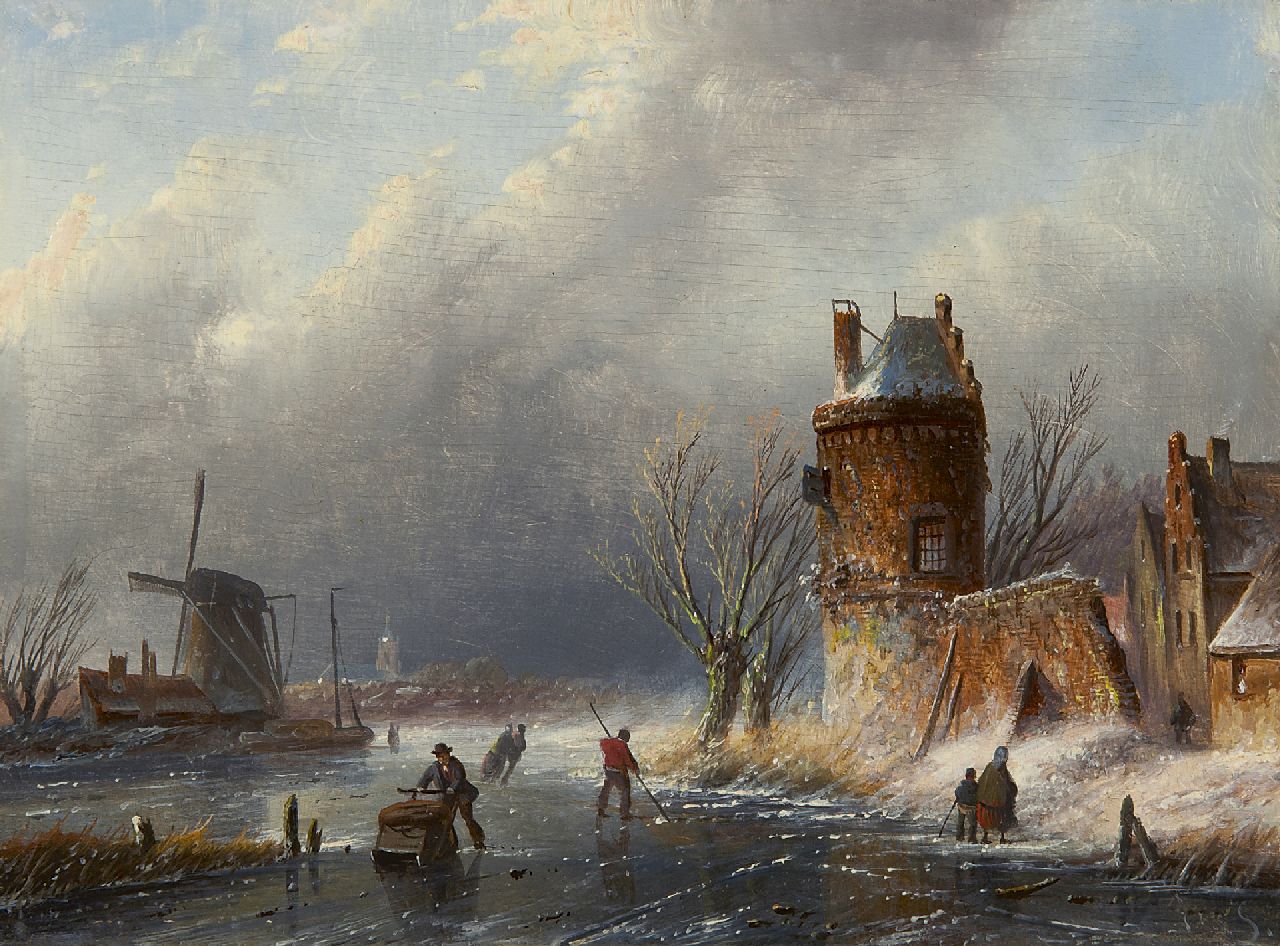 Spohler J.J.C.  | Jacob Jan Coenraad Spohler, A winter landscape with skaters, oil on panel 15.6 x 21.1 cm, signed l.r. with initials