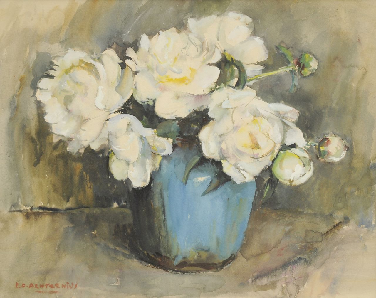 Arntzenius E.C.  | Elise Claudine Arntzenius, A ginger jar with pionies, watercolour on paper 36.0 x 44.0 cm, signed l.l.