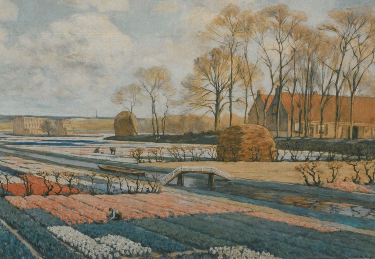 Koster A.L.  | Anton Louis 'Anton L.' Koster, Bollenveld, watercolour on paper 62.5 x 92.0 cm, gesigneerd rechtsonder