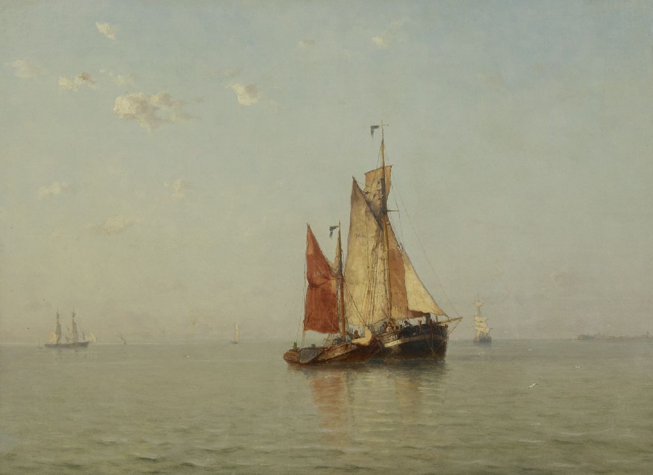 Schütz J.F.  | Jan Frederik Schütz, Sailing ships at anchor on a calm sea, Zeeland, oil on canvas 52.5 x 71.0 cm, signed l.l. and dated '86