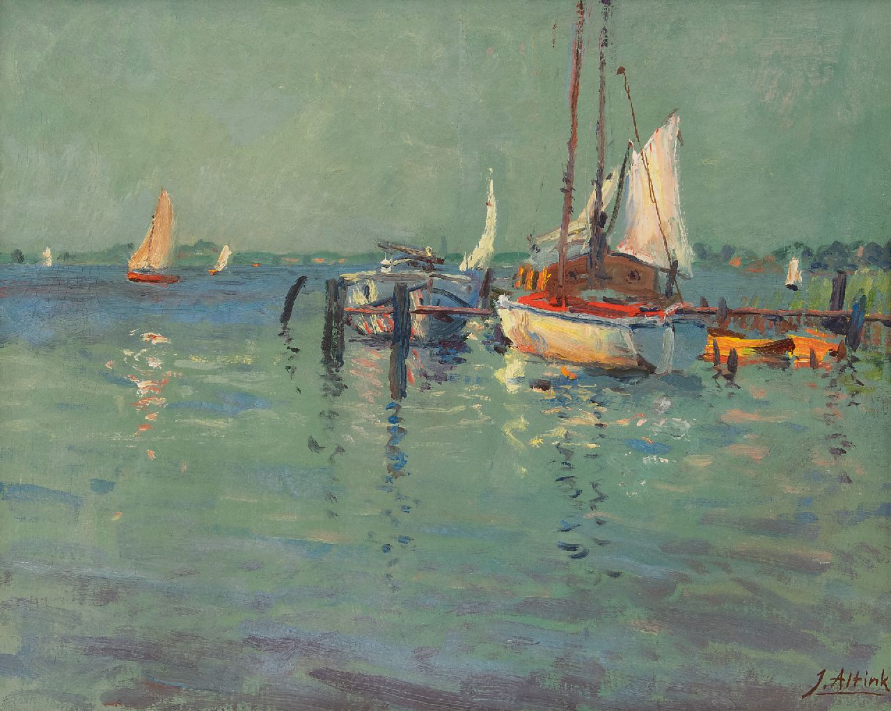 Altink J.  | Jan Altink | Paintings offered for sale | Moored ships on the Paterswolde Lake, oil on canvas 40.4 x 50.3 cm, signed l.r.