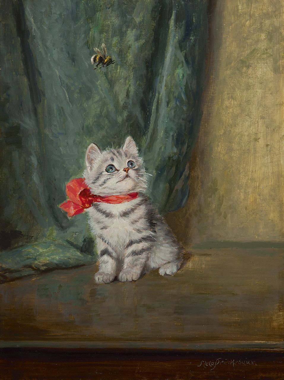 Plückebaum M.  | Meta Plückebaum, A kitten with a bumblebee, oil on painter's board 40.0 x 30.0 cm, signed l.r.