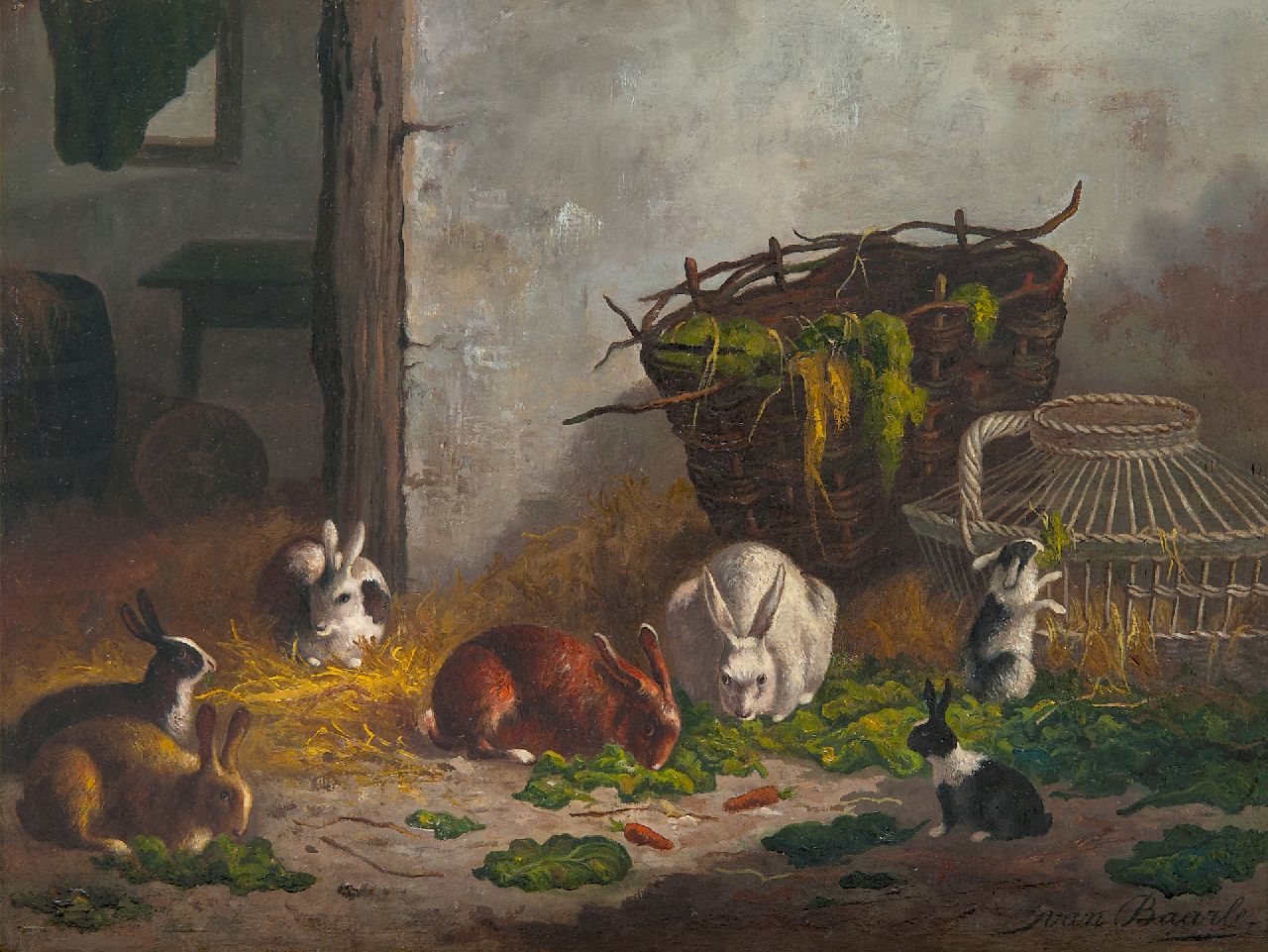 Baarle N. van | Nicolaas 'Nico' van Baarle | Paintings offered for sale | Feeding time in the hare's stable, oil on panel 27.0 x 36.3 cm, signed l.r.