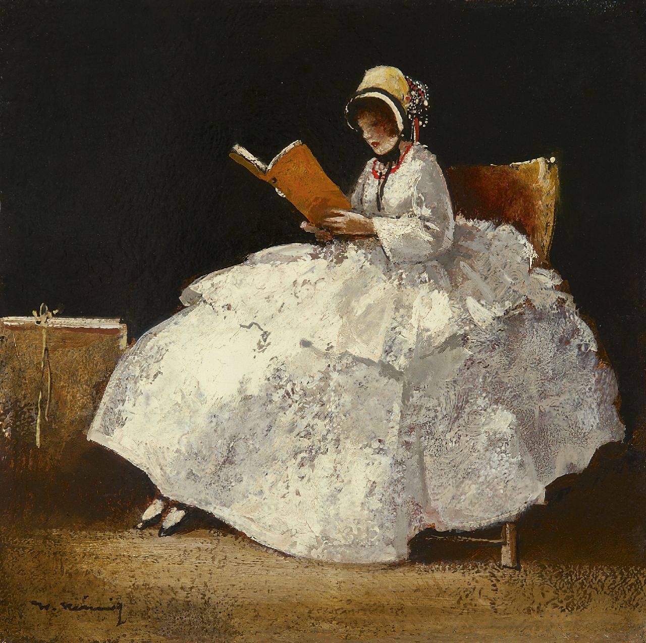 Heimig W.  | Walter Heimig, A girl reading, wearing a bonnet, oil on panel 30.1 x 30.2 cm, signed l.l.