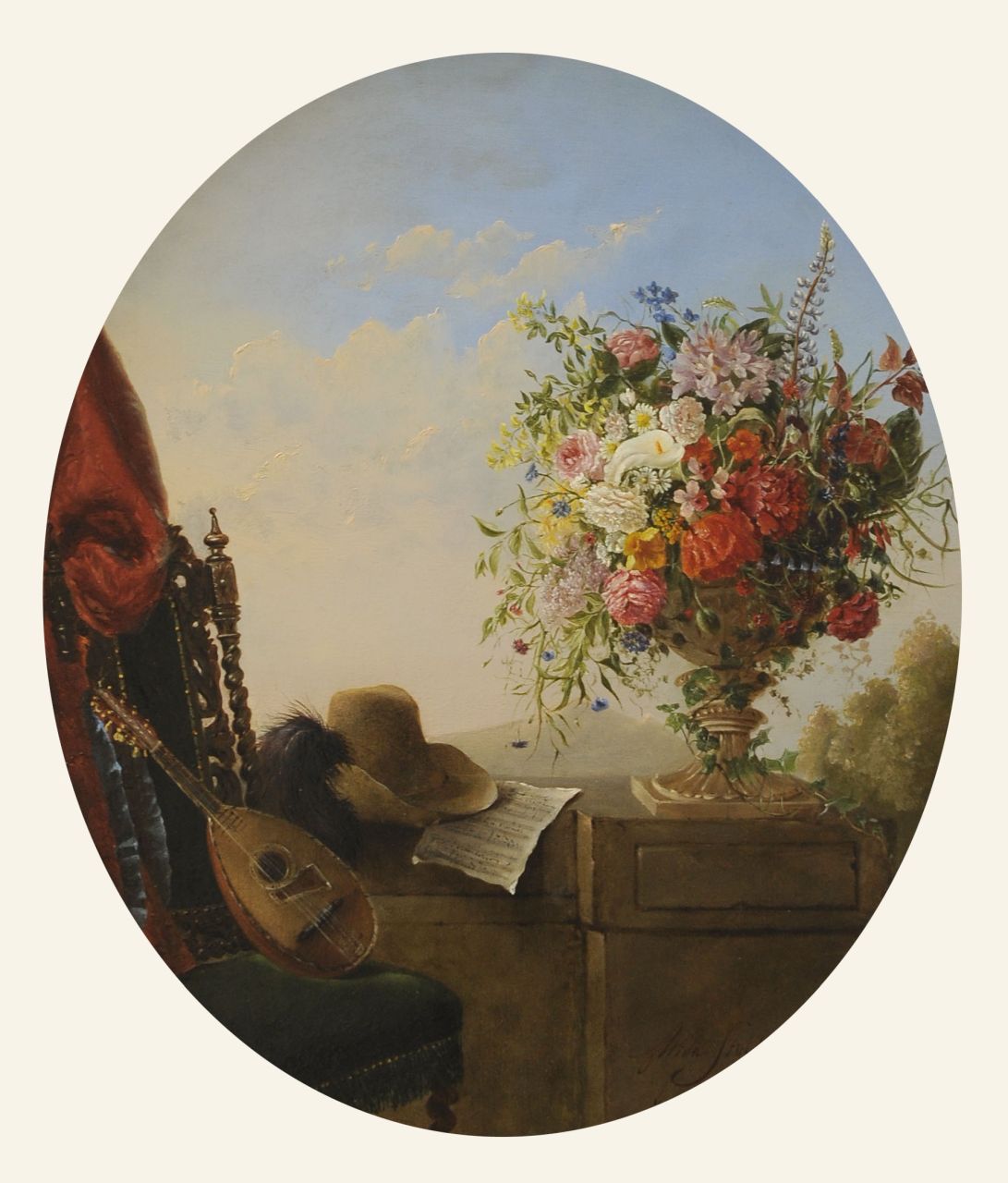 Stolk A.E. van | 'Alida' Elisabeth van Stolk, A still life with flowers, a hat and a mandolin, oil on panel 51.0 x 42.0 cm, signed l.r. and dated 1853