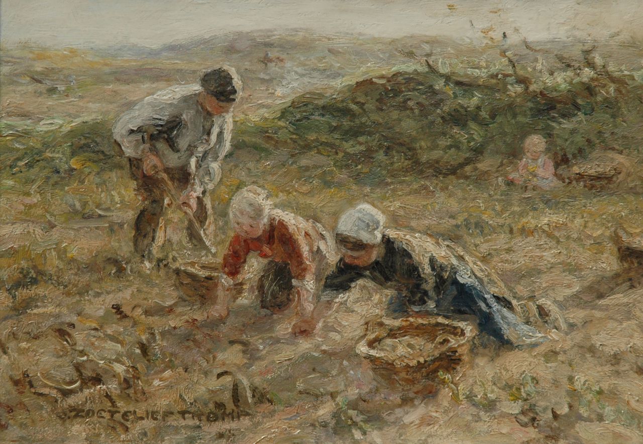 Zoetelief Tromp J.  | Johannes 'Jan' Zoetelief Tromp, Digging up potatoes in the dunes near Katwijk, oil on canvas 25.5 x 35.3 cm, signed l.l.