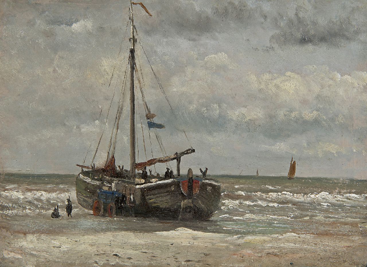Mesdag H.W.  | Hendrik Willem Mesdag, Fisher men with fishing boat on the beach, oil on paper 20.8 x 28.2 cm, painted ca. 1868