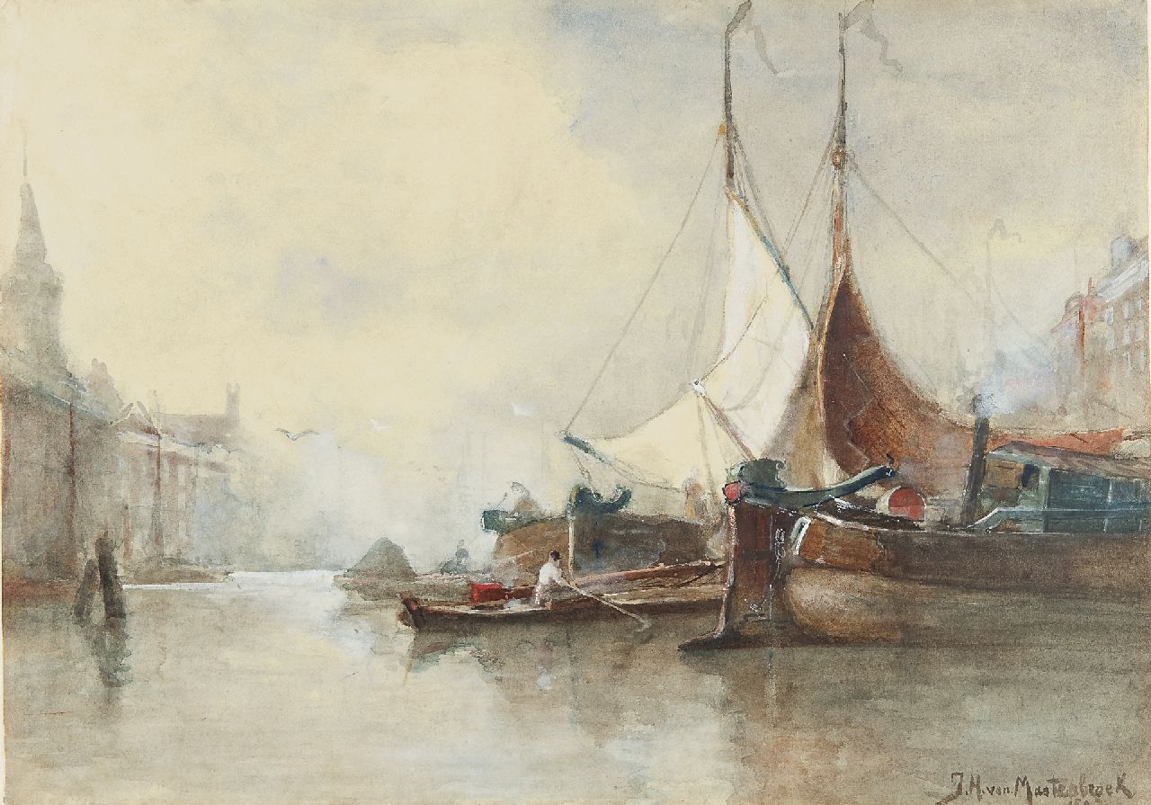 Mastenbroek J.H. van | Johan Hendrik van Mastenbroek, Moored sailing vessels in the Leuvehaven, Rotterdam, watercolour on paper 38.5 x 53.3 cm, signed l.r. and dated 189(8?)