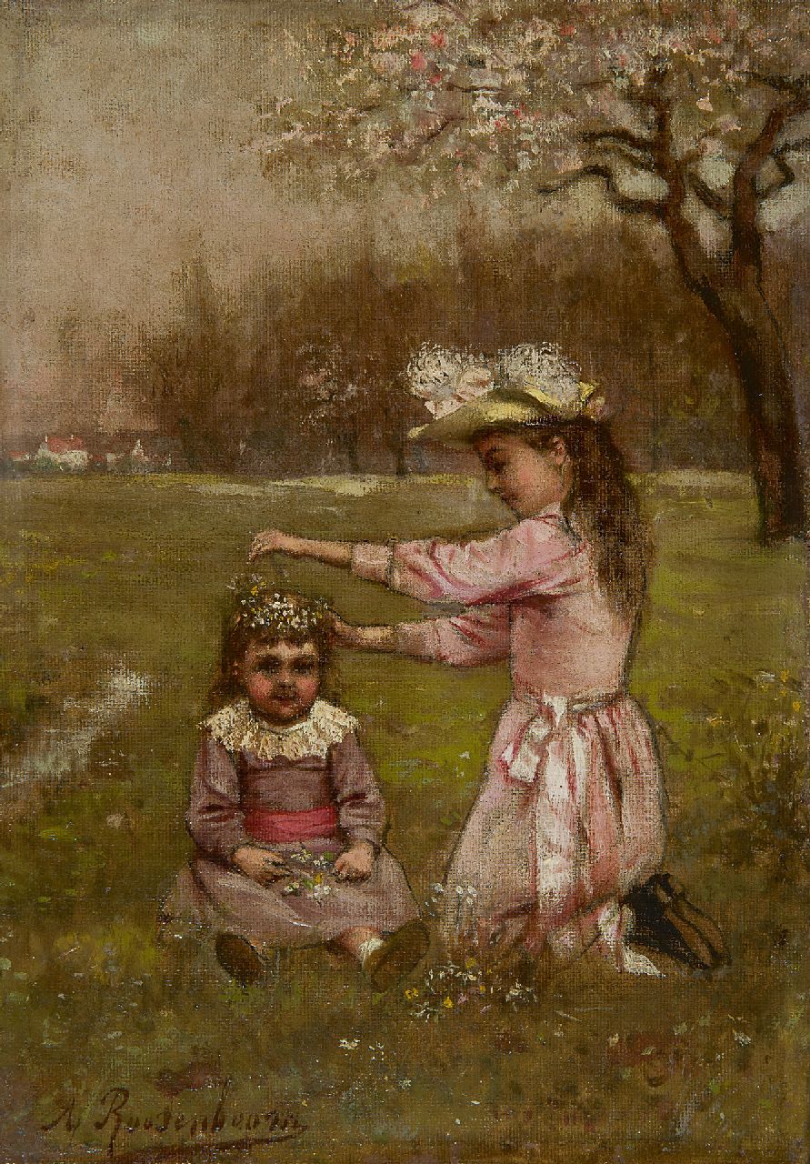 Roosenboom A.  | Albert Roosenboom, The flower garland, oil on canvas 26.2 x 18.3 cm, signed l.l.