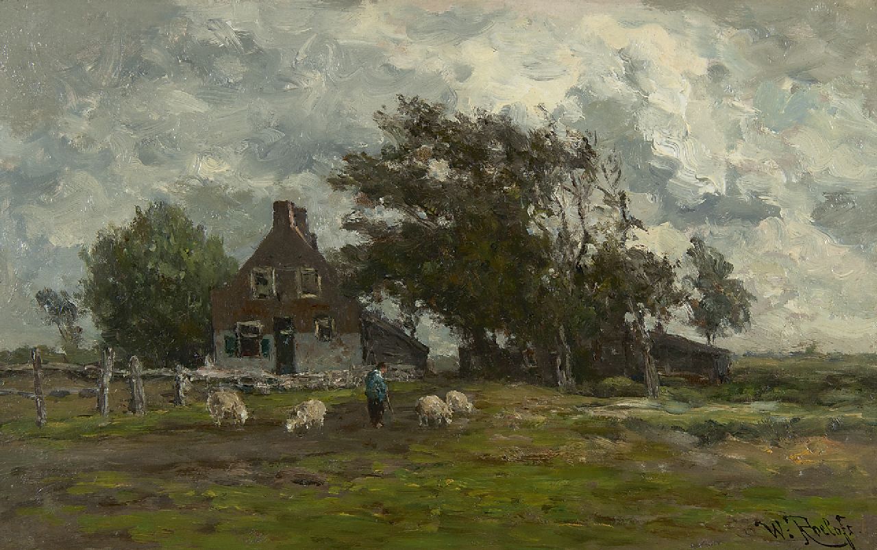 Roelofs W.  | Willem Roelofs, Landscape with sheep near a farm, oil on canvas laid down on panel 27.7 x 44.0 cm, signed l.r.