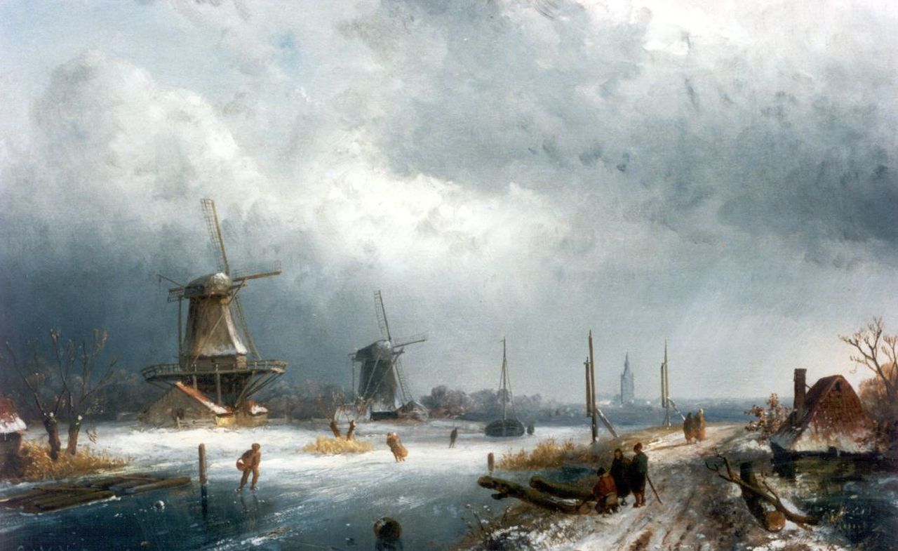 Leickert C.H.J.  | 'Charles' Henri Joseph Leickert, A winter landscape, oil on panel 28.7 x 42.8 cm, signed l.l.